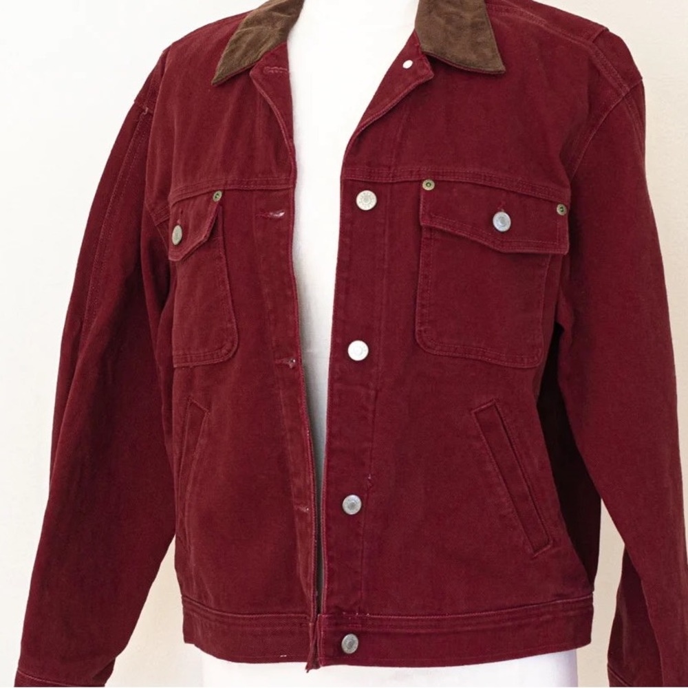 JONES JEANS Jacket Small Red Denim Suede Leather Collar